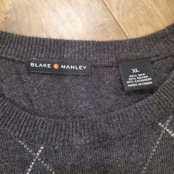 Mens XL Blake & Manley Silk Rayon Cashmere Sweater Charcoal Grey Light Argyle - Picture 3 of 6